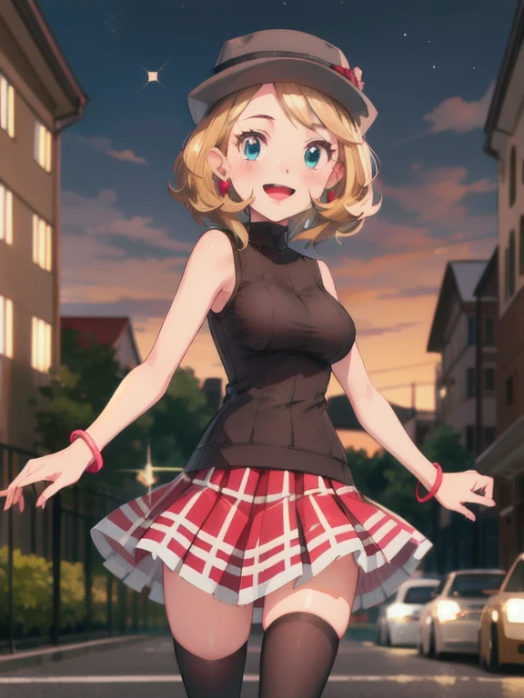 gonzarez, masterpiece, Serenaj, 1girl, grey headwear, solo, jewelry, thighhighs, sleeveless turtleneck, turtleneck, skirt, smile, sweater vest, blonde hair, earrings, hat, blue eyes, sleeveless, open mouth, eyelashes, vest, blush, bangs, breasts, medium hair, bracelet, looking at viewer, outdoors, black thighhighs, brown thighhighs, sky, night, sparkle, light, dark, pleated skirt, red skirt, brown vest, street, cowboy shot,  