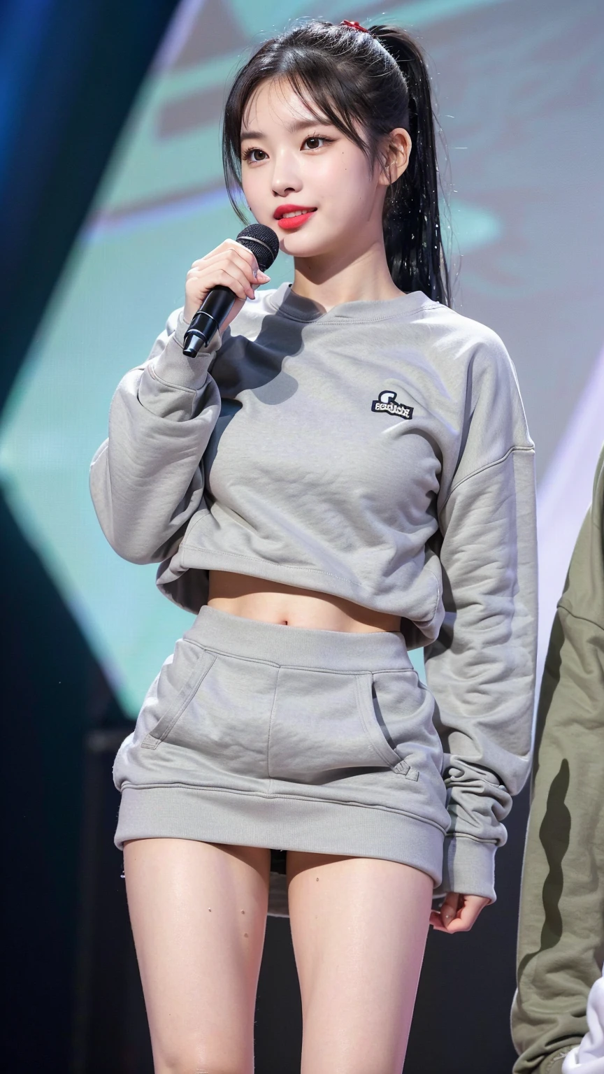 (8K), (highest quality: 1.2), (realistic), (realistic: 1.47), ultra high resolution, 1 girl, cute, smile, closed mouth, (thick lips:1.2),red lip,(Purse your mouth),beautiful details, beautiful nose,sweat on face,(Straight shiny black hair),(With a black ribbon on her head),(ponytail hair),Standing on the concert stage,hold the microphone in your right hand,Bend your elbows and raise your hands,(Grey oversized,Long length,sweatshirt:1.2),(Khaki brown pleated micro mini skirt:1.1),The length of the sweatshirt is long,(The skirt is half covered by the sweatshirt),(Close up on wet thighs:1.2),(knees),(black socks:1.1),(super low angle:1.2),(medium shot),