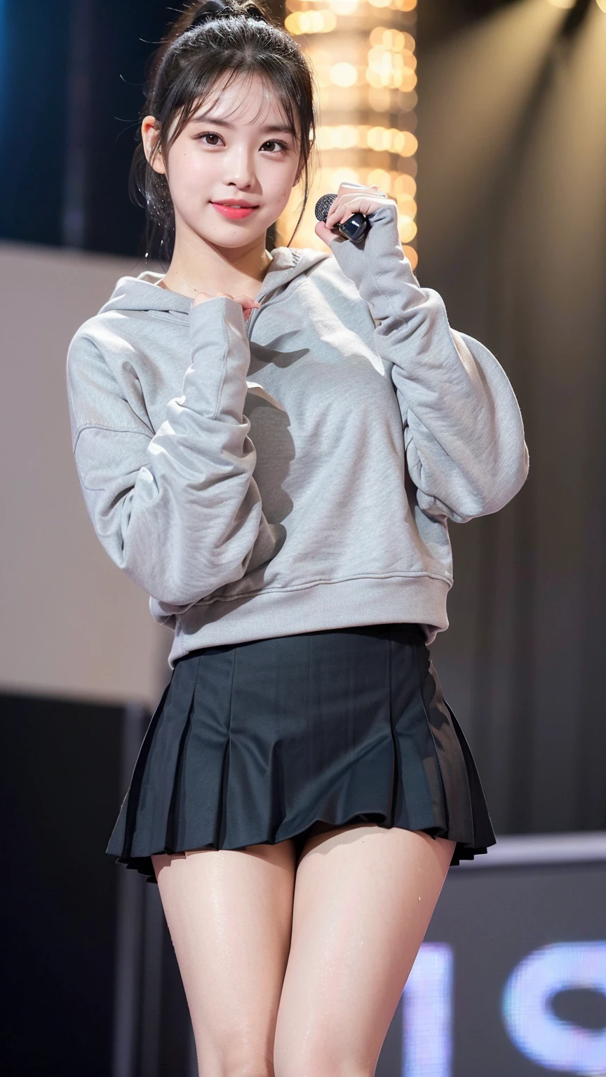 (8K), (highest quality: 1.2), (realistic), (realistic: 1.47), ultra high resolution, 1 girl, cute, smile, closed mouth, (thick lips:1.2),red lip,(Purse your mouth),beautiful details, beautiful nose,sweat on face,(Straight shiny black hair),(With a black ribbon on her head),(ponytail hair),Standing on the concert stage,hold the microphone in your right hand,Bend your elbows and raise your hands,(Grey oversized,Long length,sweatshirt:1.2),(Khaki brown pleated micro mini skirt:1.1),The length of the sweatshirt is long,(The skirt is half covered by the sweatshirt),(Close up on wet thighs:1.2),(knees),(black socks:1.1),(super low angle:1.2),(medium shot),