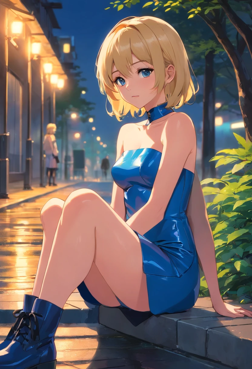 Blonde woman 17 years old, pelo corto, ojos azules, sitting in short strapless blue latex dress, blue heeled boots, caminando por un parque de noche con un perro Infernal a su lado