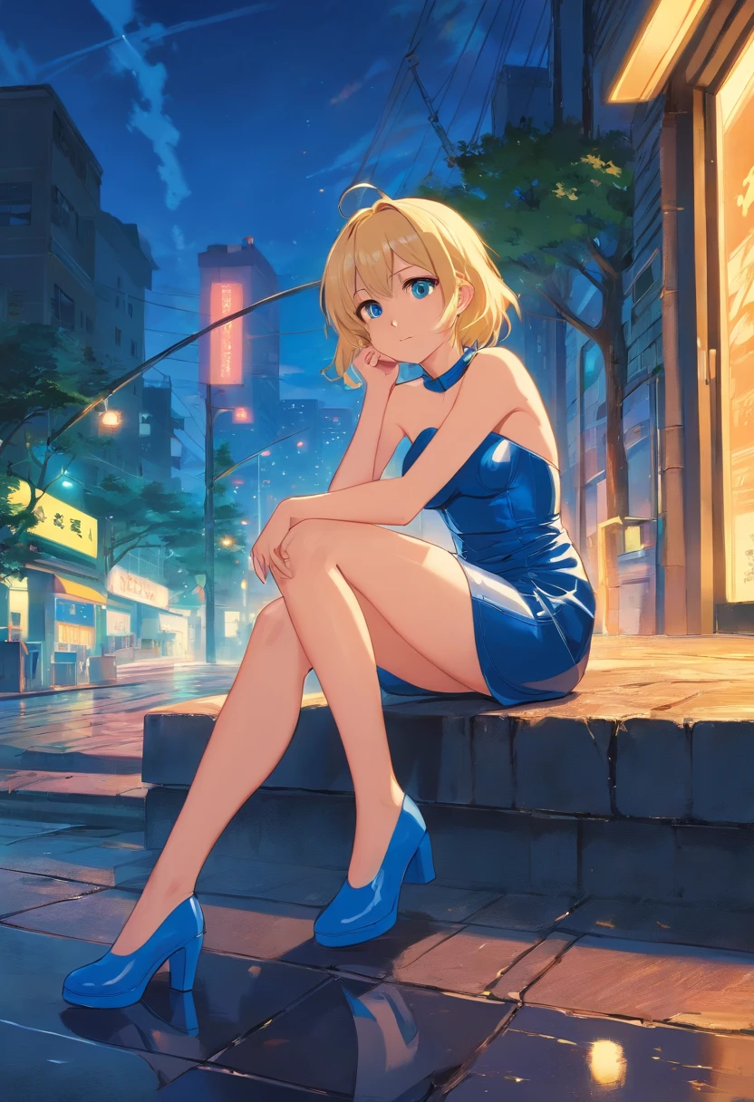 Blonde woman 17 years old, pelo corto, ojos azules, sitting in short strapless blue latex dress, blue heeled boots, caminando por un parque de noche con un perro Infernal a su lado
