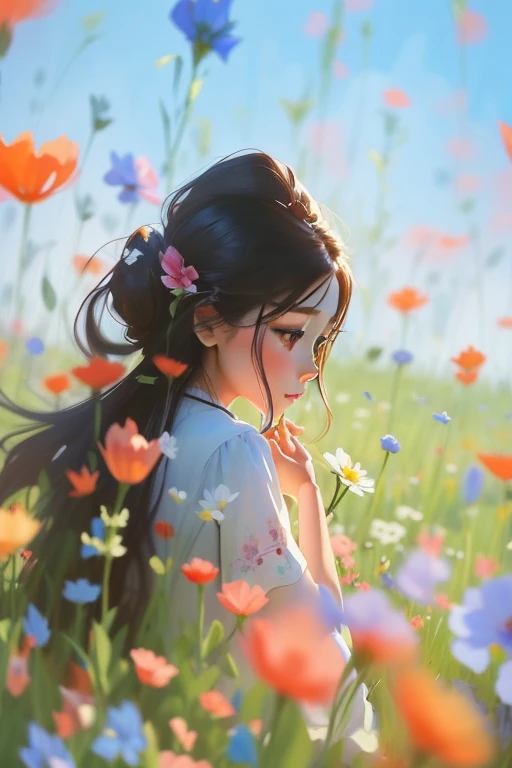 a woman with long hair standing in a flower field, in a flower field, by 양J, The Girl in the Flower Garden, beautiful picture, beautiful digital painting, girl in flowers, a goddess in a flower field, beautiful character drawings, sitting in a flower field, The Girl in the Flower Garden 정면, In a field with flowers