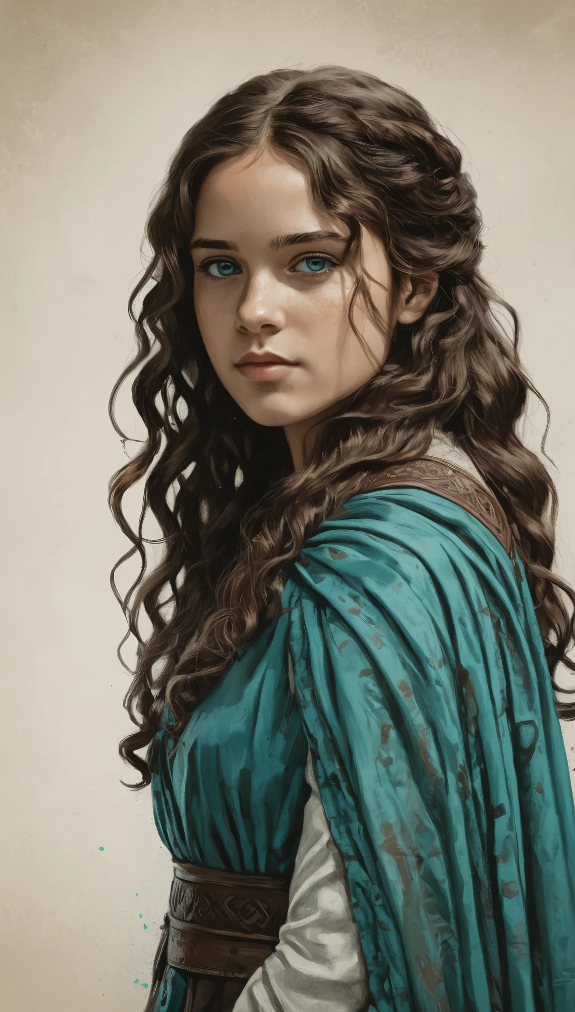 An illustrated movie poster, hand-drawn, full color, a Westerosi teenage girl, wearing a regal chiton, warm brown complexion, freckles, turquoise eyes, dark hair, long loose curls, waist-length hair, posing on a pedestal, hard shadows, graphite shading, stencil marks, airbrushed acrylic paint, masterpiece, in the style of Game of Thrones