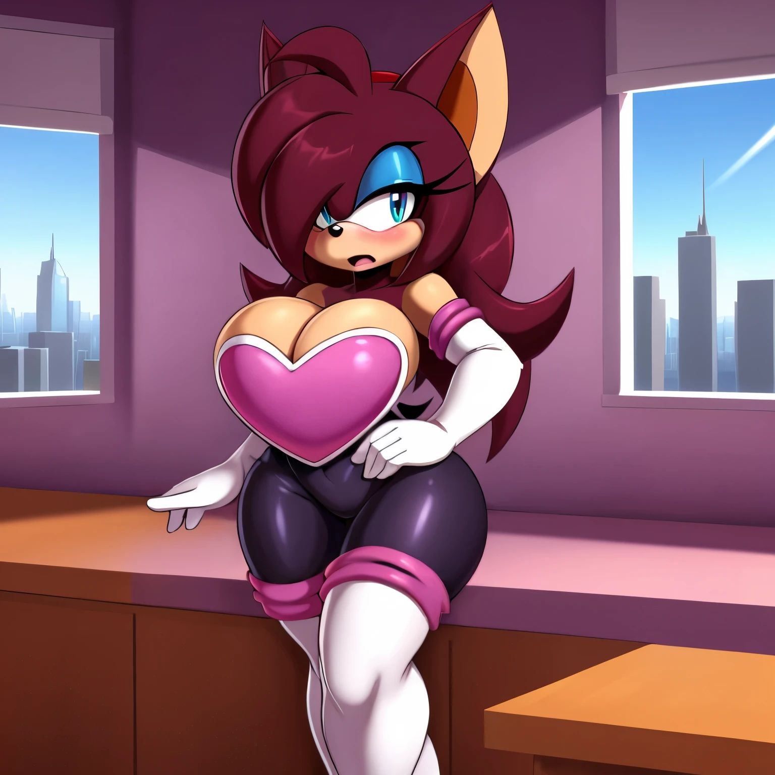 Female, Mobian, Hedgehog, Maroon fur, (long hair/quills), breasts, standing, solo, 1girl, blue eyes, masterpiece, best quality, 1girl, solo, average sized breasts, ((looking at viewer)), furry, furry female, sonic the hedgehog \(series\), perfect anatomy, (rouge_the_bat_(cosplay):1), blue colored heart breast plate, blue cuffs, white elbow gloves, bare shoulders, ((masterpiece,best quality)), aarem, hair over one eye, large breasts, cleavage, cowboy shot, house, city view window, motherly figure, (milf sized proportions), some makeup, (scared), (embarrassed and confused)