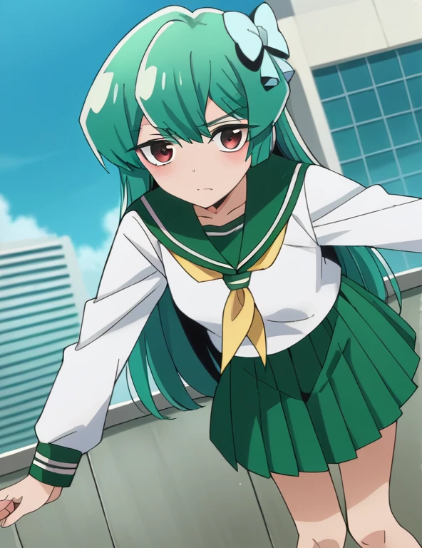 score_9, score_8_up, score_7_up, source_anime,
sayominakami, sayo minakami, long hair, brown eyes, bow, hair bow, green hair,
skirt, shirt, long sleeves, , white shirt, pleated skirt, serafuku, sailor collar, neckerchief, green skirt, green sailor collar,
outdoors, cityscape, bent over,
looking at viewer, dutch angle, cowboy shot