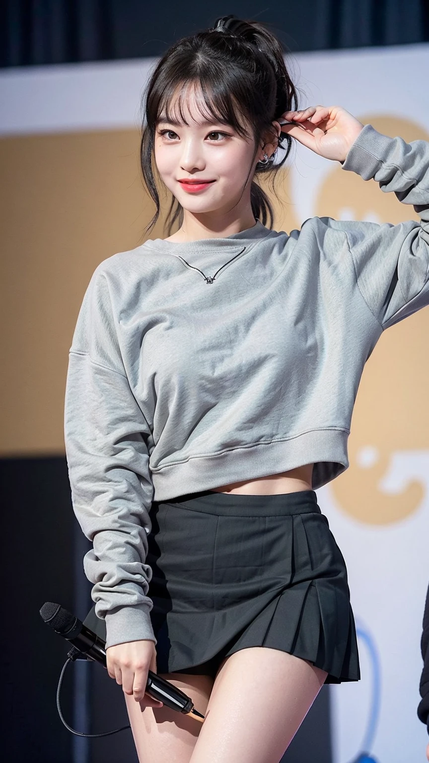(8K), (highest quality: 1.2), (realistic), (realistic: 1.47), ultra high resolution, 1 girl, cute, smile, closed mouth, (thick lips:1.2),red lip,(Purse your mouth),beautiful details, beautiful nose,sweat on face,(Straight shiny black hair),(With a black ribbon on her head),(ponytail hair),Standing on the concert stage,hold the microphone in your right hand,Bend your elbows and raise your hands,(Grey oversized,Long length,sweatshirt:1.2),(Khaki brown pleated micro mini skirt:1.1),The length of the sweatshirt is long,(The skirt is half covered by the sweatshirt),(Close up on wet thighs:1.2),(knees),(black socks:1.1),(super low angle:1.2),(medium shot),