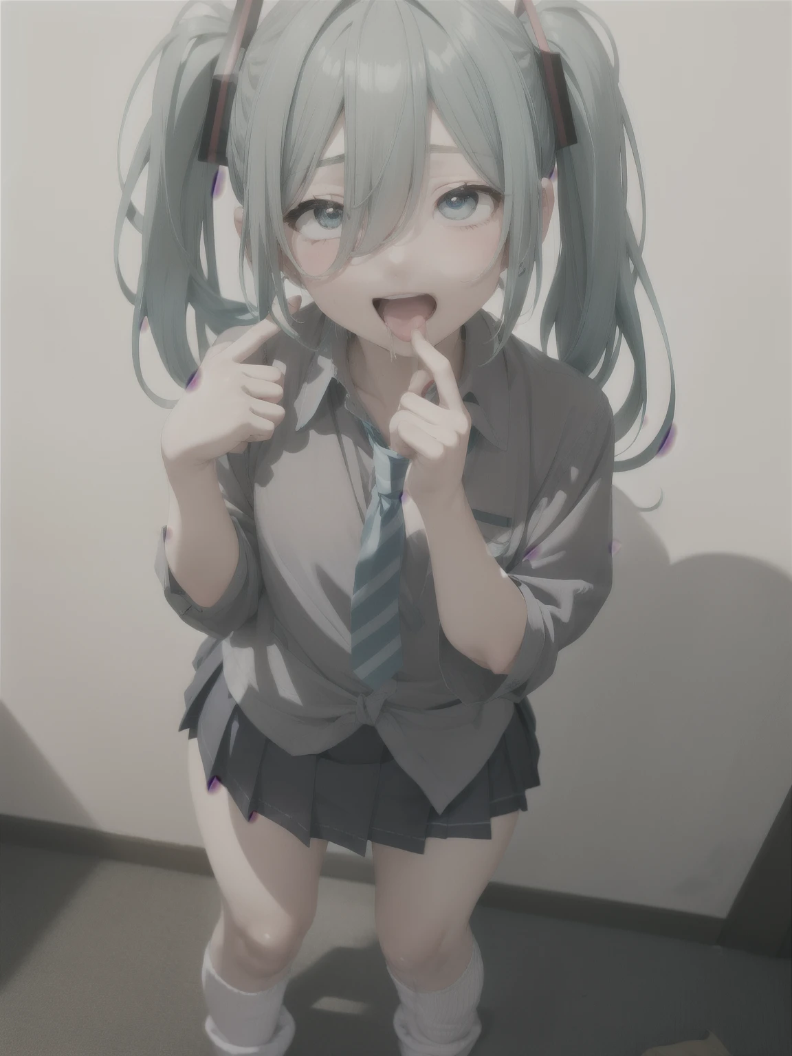 Ahegao, so stupid, masterpiece, highest quality, hair clip, heart,hair over one eye、sit、Hatsune Miku、hair above one eye, asymmetrical bangs,Standing picture、loose socks、Hatsune Miku、gradient color hair、tie hair、colorful hair、cross-eyed、messy hair、blunt bang cut、pleated skirt、black shirt、striped hair、messy hair、Sloppy、cross-eyed、drunk、( fool / sexual ecstasy)、highest quality, realistic, Super delicate illustration, beautiful and charming anime girl, slender body, tied hair, one girl, girl pictures, full body shot, beautiful blue eyes,