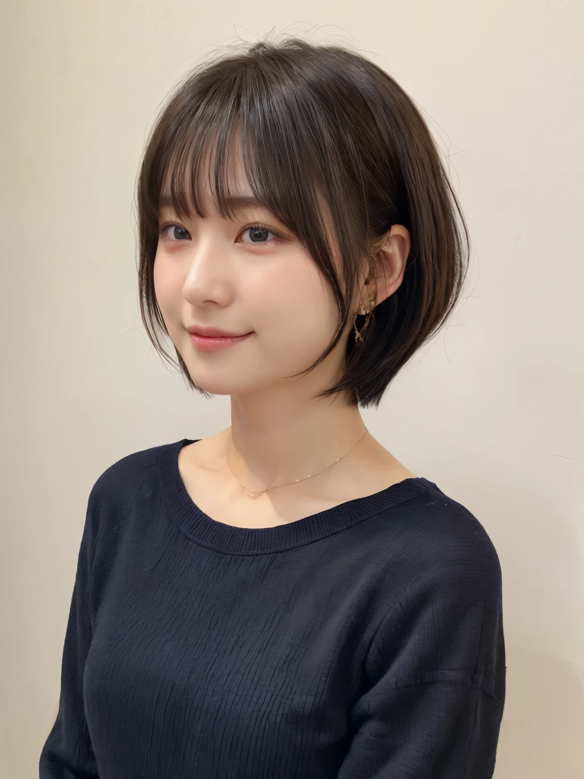 (highest quality、8K、32k、masterpiece、nffsw:1.2)、Photo of beautiful Japan woman in her 30s、very short hair、short hair、shortcut、Upper body、necklace、shot from above、don&#39;t look at the camera、(realistic、Photoreal:1.37)、1 girl、Photographed in natural light、Physically based rendering、excellent image quality、High resolution、1080p、(Detailed facial description)、(Detailed explanation of hands)、(Detailed CG)、Rich details、(exquisite features)、(best image quality)、(masterpiece)、(fine eyes)、delicate clavicle、Various poses、profile、white wall、Taken in front of the white door、(窓のあるwhite wallの部屋)、earrings、laughter、spring clothes、((Black long sleeve dress))、look down、face down