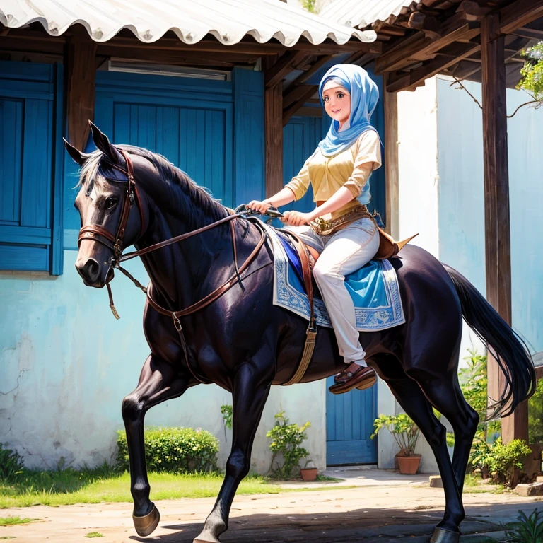 A beautiful, cheerful girl riding a purebred Arabian horse, behind her a beautiful old house, colored blue and white