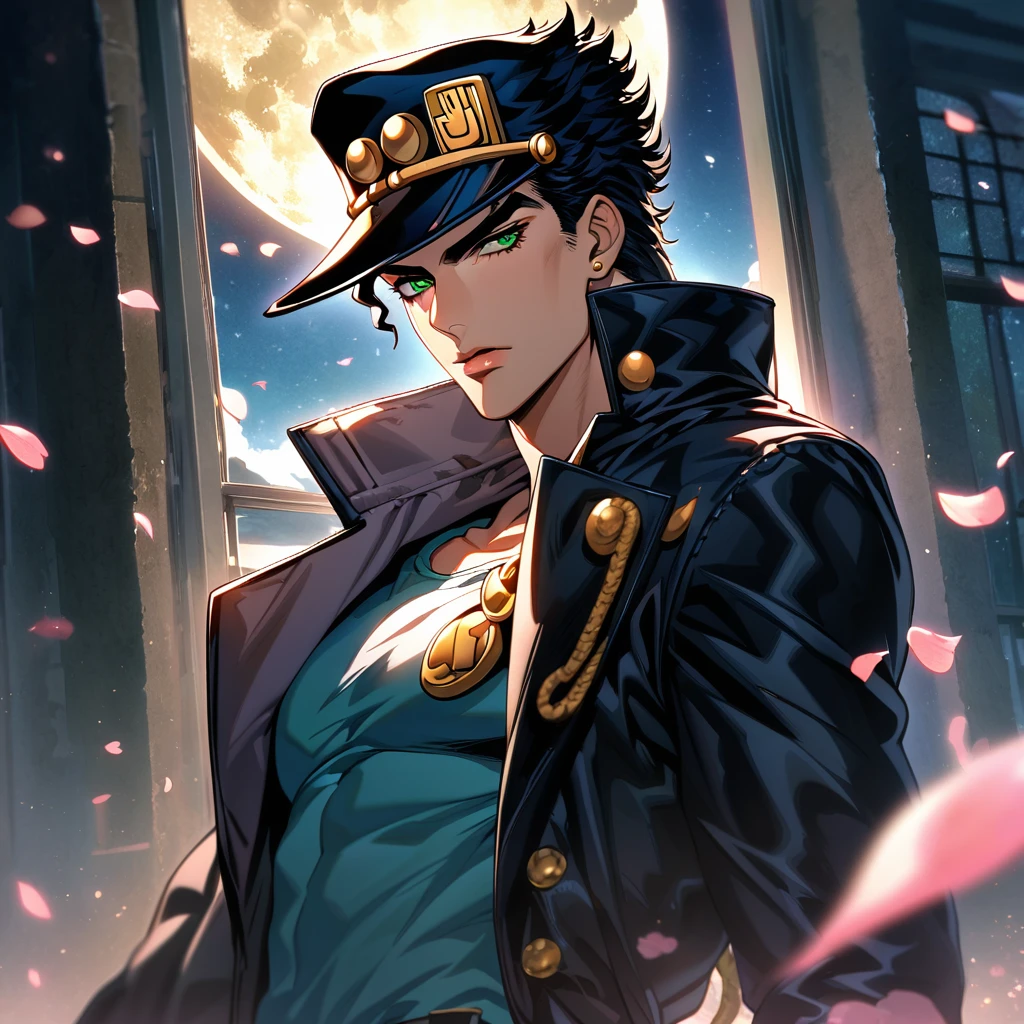 Ultra detailed, Highres, absurdres, HDR, Jotaro Kujoh, black hair, green eyes, black hat, black leather coat, JoJo Bizarre Adventure, 1 man only, moon, window, petals, handsome,