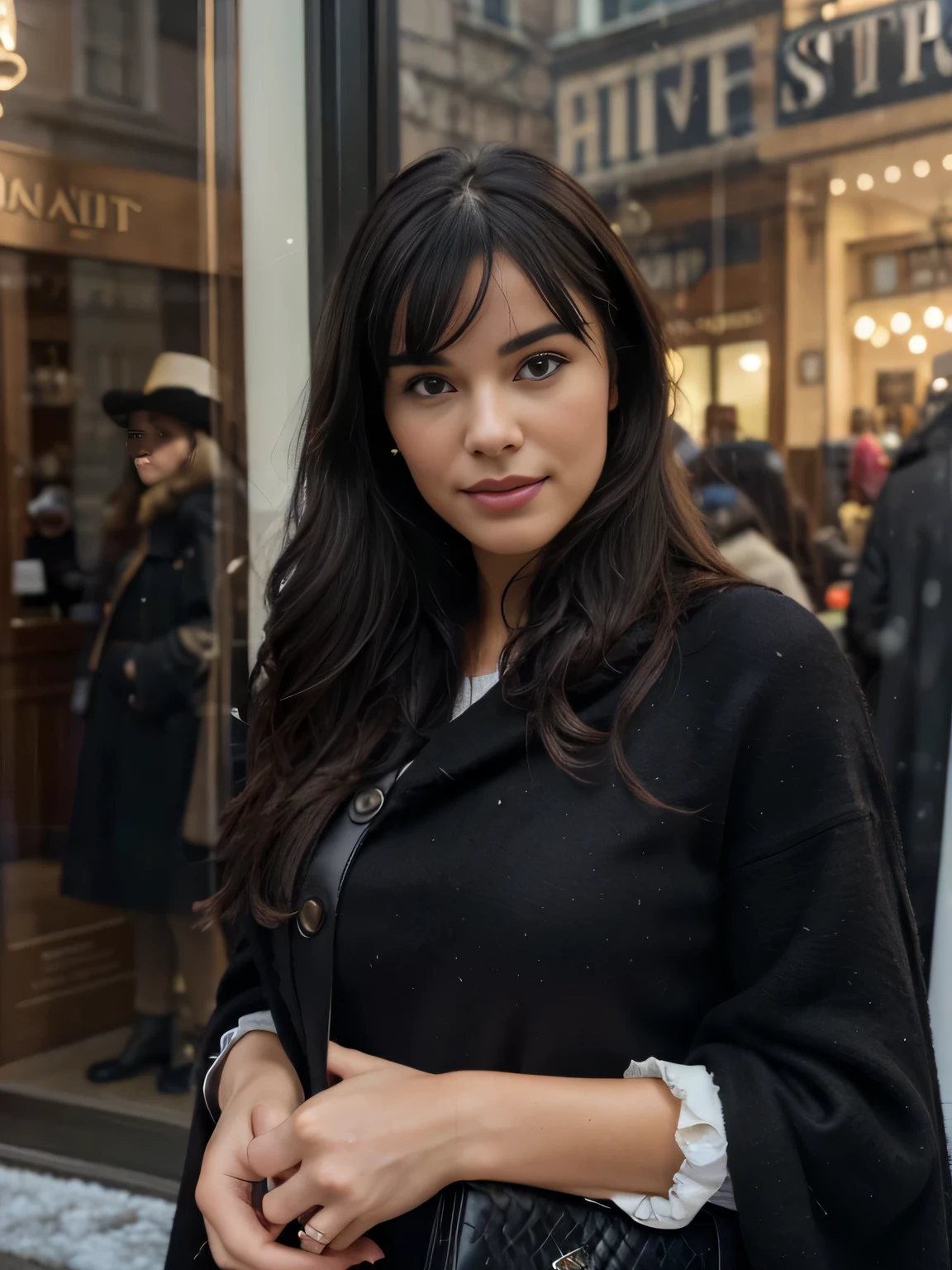 solo lovely smiling Bettie Page, strong daylight, sun shining, wintertime, very cold, raining,in front of boutique, (highest quality texture), boutique store front, display windows full of interesting items, film quality, completly dressed in high style leather fashion, ancient medieval very long black cloak of cloth, body covered by the cloak, large wool sweater, long wool skirt, black gloves, tigh high boots, 3 shoulder bag,she's in front of beautiful boutique ,soft accent candlelight in windows, gorgeous rembranndt like lighting, (Rembrandt patch), (highest quality window details), hip cool boutique in background, silky long dark hair, hair bangs to her eyes, she's gonna make love soon, every detail,Fine facial features, Masterpiece – Masterpiece ○○ quality – ○○ quality best quality(Highest Quality) ,Leica film, best, solo female, High quality (hiquality) etc ○○ detailed – ○○ details ultra detailed(Ultra-fine ), Photorealistic, Extremely detailed(Extremely detailed) , Finely detailed(Fine-grained), (highest detail skin texture peachfuzz earlobe realistic) etc ○○ res – ○○ resolution ultra high res(A high resolution) , very high texture res(light resolution), Realistic – Realistic Photorealistic – photorealistic beautiful – beautiful 4k , 8K, artsy shop front, close and intimate,