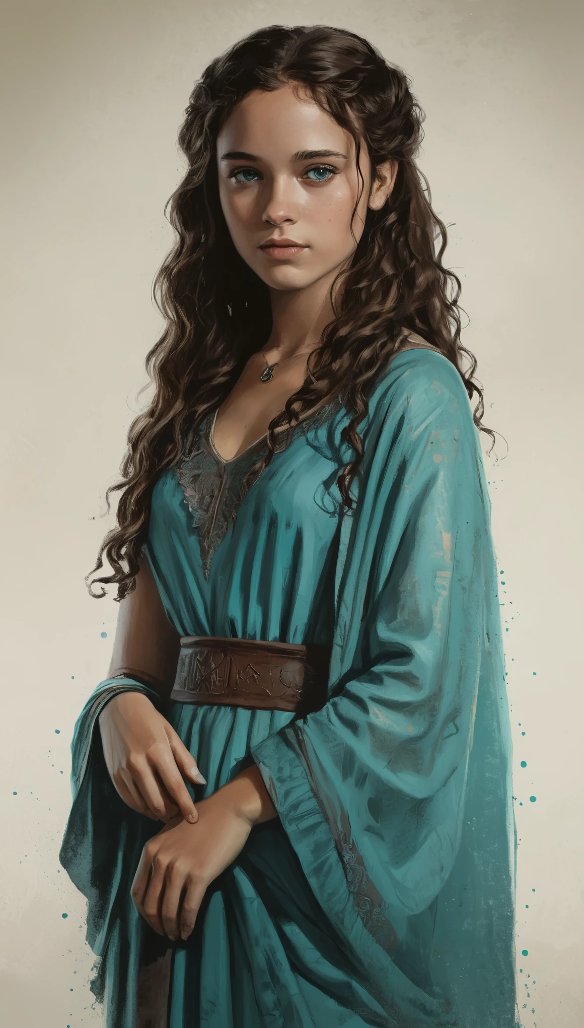 An illustrated movie poster, hand-drawn, full color, a Westerosi teenage girl, wearing a regal chiton, warm brown complexion, freckles, turquoise eyes, dark hair, long loose curls, waist-length hair, posing on a pedestal, hard shadows, graphite shading, stencil marks, airbrushed acrylic paint, masterpiece, in the style of Game of Thrones 