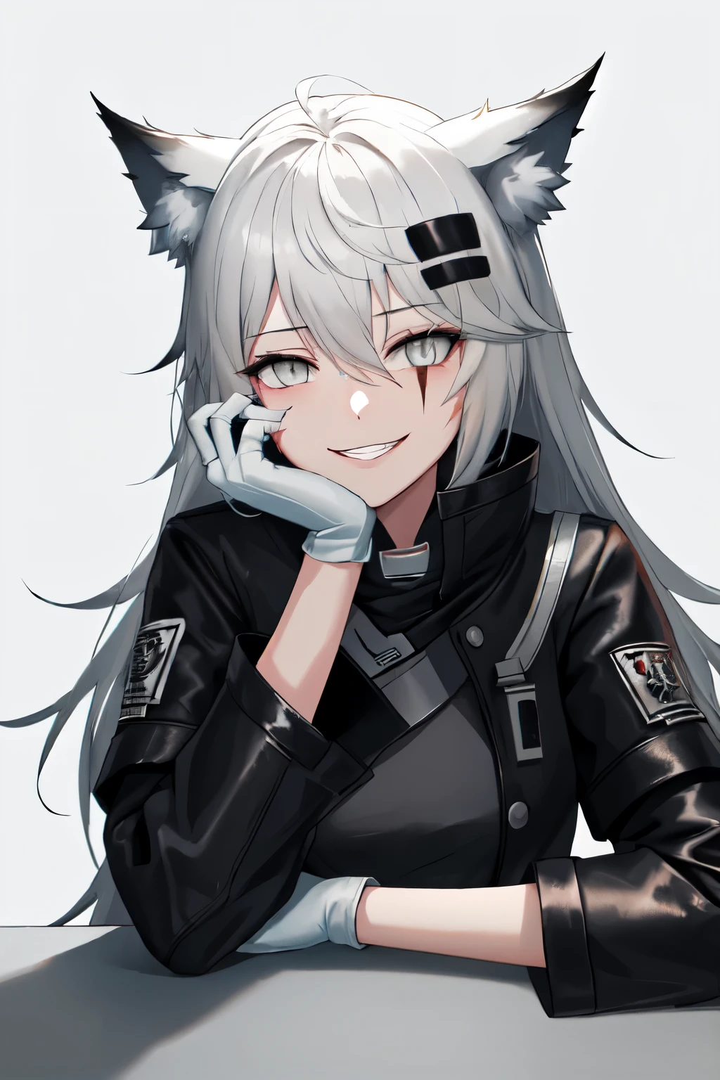 best quality, masterpiece, highres, solo, {lappland_arknights:1.15}, animal_ears, wolf_ears, long_hair, scar, bangs, scar_across_eye, hair_ornament, hairclip, scar_on_face, hair_between_eyes, grey_eyes, smile, grey_hair, white_hair, upper_body, 1girl, black_jacket, fingerless_gloves, gloves, grin, jacket, looking_at_viewer, long_sleeves, parted_lips, white_gloves, simple_background, white_background, grey_gloves, hand_up, head_rest