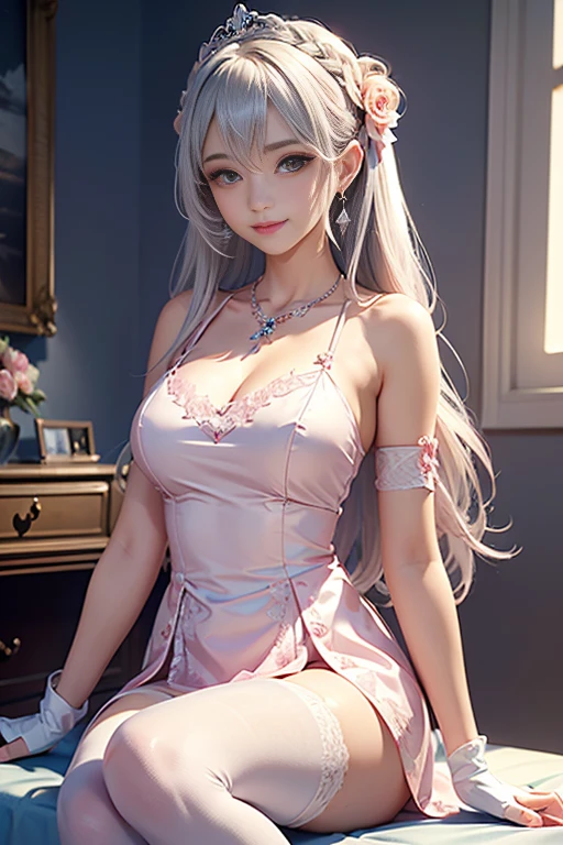 dynamic angle,((1 girl, elegant pink dresser pieces, highest resolution)), (beautiful illustrations),(Beautiful semi-long silver hair),(looking at the viewer),innocent smile,cinematic lighting,White over-kneehighs,lace chalk, Wristband, diamond necklace,Wristband, white fingerless gloves, earrings,Day,blue sky,beautiful flower park