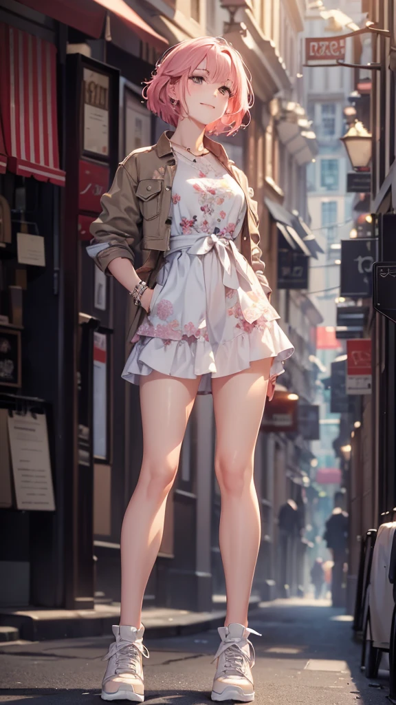 (Highly detailed CG unit 8k wallpaper, masterpiece, High resolution, highest quality, highest qualityのリアルテクスチャスキン), Hands in pockets pose:1.5, Looking up at the sky and smiling, Coral pink asymmetrical short hair, A cool fashion girl influenced by the stark and inorganic fashion, (detailed costume, A maxi-length lace-up layered tight skirt and a long-sleeved denim wide jacket:1.3, White high-cut sneakers), (blurred background, An empty alley in Paris:1.3, Colourful flower beds along the road, cobblestone road), hyper realistic, digital painting, concept art,