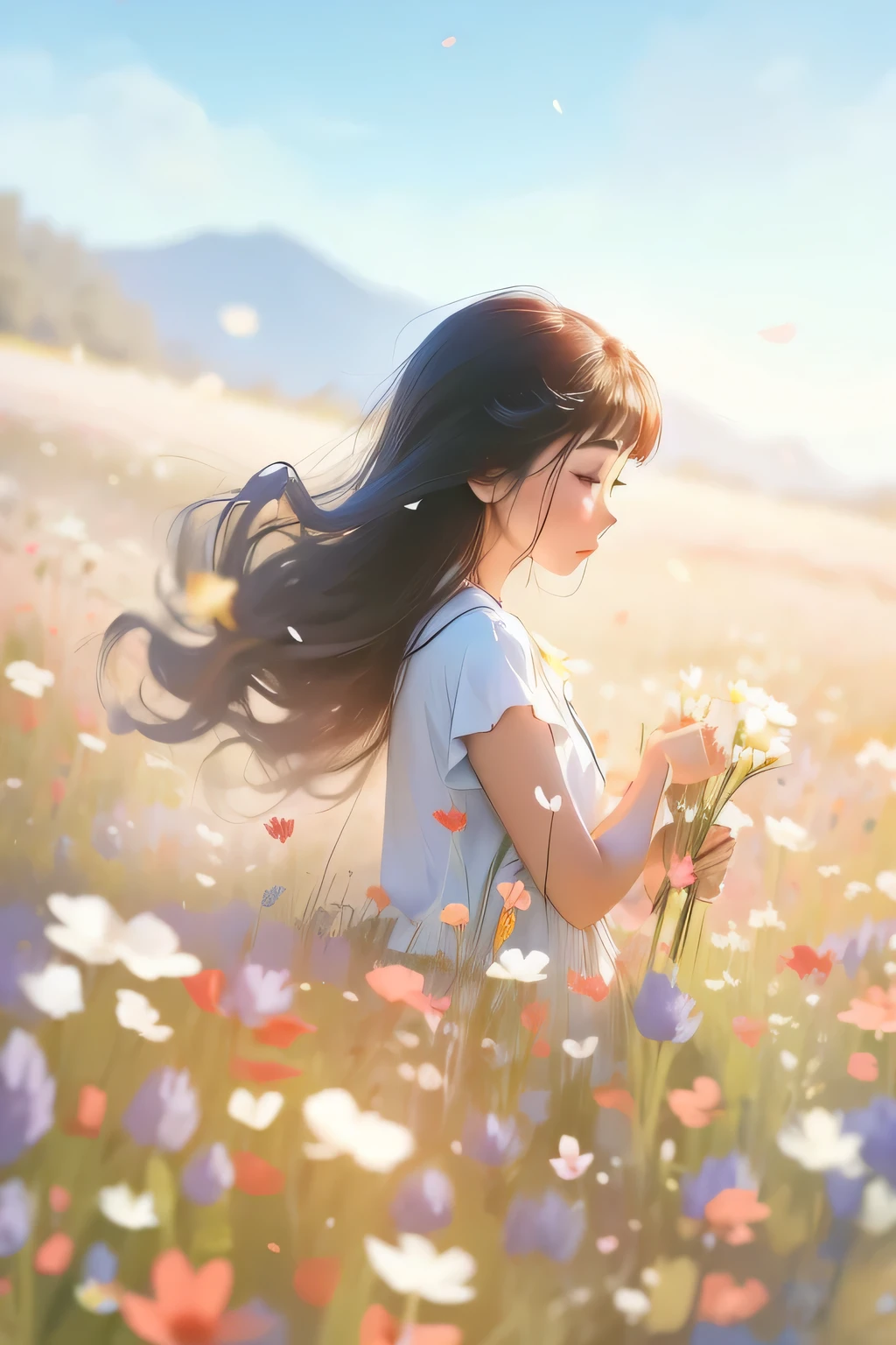 anime girl in a flower field, in a flower field, a goddess in a flower field, The Girl in the Flower Garden, girl walking in a flower field, by 양J, beautiful animation, girl standing in the flower field, standing in the flower field, sitting in a flower field, standing in the flower field, beautiful animation scene