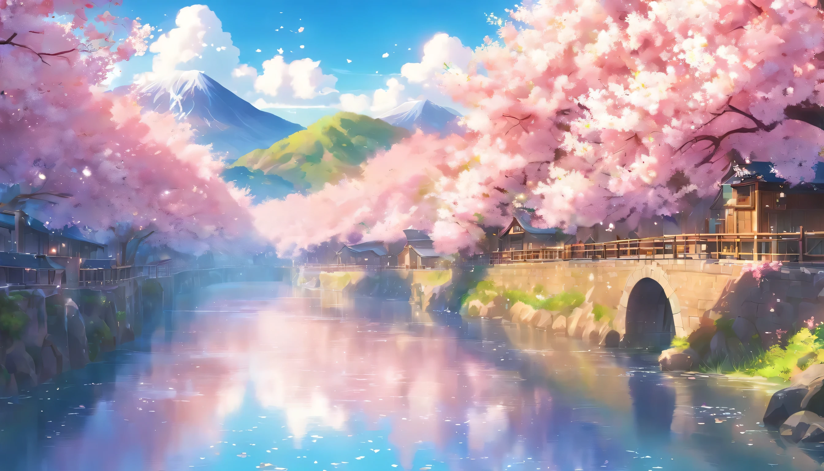 A town filled with cherry blossoms，beautiful blue sky，River side，landscape，no one，masterpiece