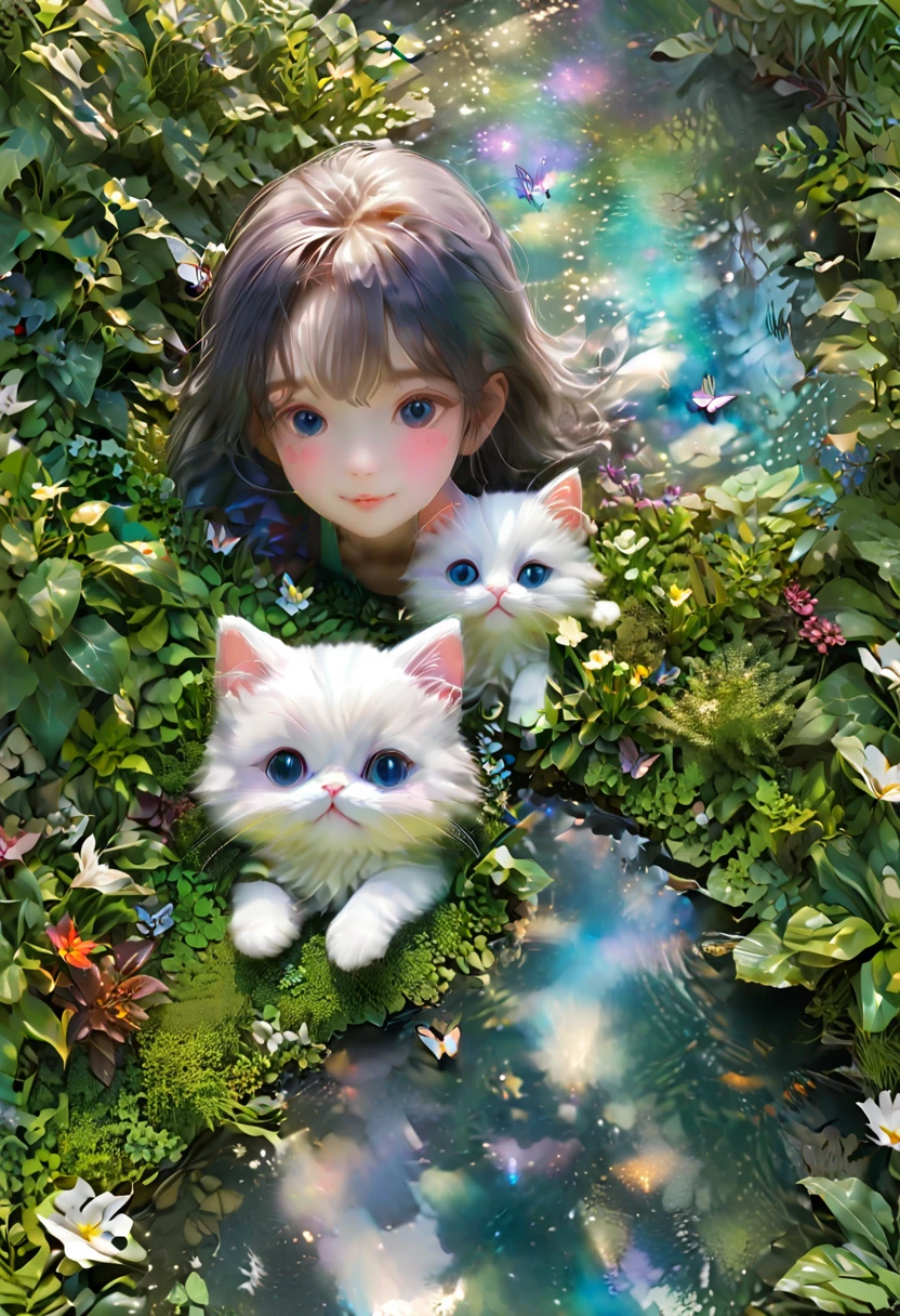 This scene is very fascinating。A girl and a white kitten are in a beautiful garden。A girl and a white kitten are seen in the distance。 The girl is looking at the white kitten with amusement。The white kitten is having fun trying to catch a butterfly。 The garden is decorated with lush greenery and colorful flowers.。The garden is bathed in spring sunlight, giving it a warm glow.。A bright number of people surround a white kitten々Butterflies are flying。The flying butterflies create a lively atmosphere.。 The white kitten is expressive、The detailed fur and unique folded ears add to its charm.。The gardens are beautifully maintained、Neatly trimmed bushes and々Various plants are arranged。The stream&#39;s crystal clear water reflects the serene environment.、Colorful facade of house in the distance々adds a bit of whimsy to the scene.。 The scene has an atmosphere of tranquility and contemplation.、Expressing the world of high fantasy。Guardian nebula of rainbow light and silvery vapor、The colors of the Corrosive Encirclement Ray family fill the sky、There is a slimy feeling in the air.。A beautiful piece of artwork that exudes a mysterious aura.。