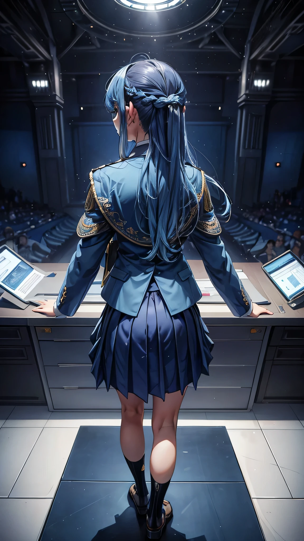 perfect anatomy, masterpiece:1.4, best quality, 8k, beautiful detailed grow, (Speak in front of an many audience), Give a speech from Speaker's desk  ((Back view)) (solo blue hair long hair girl, 15 yo), in a blue cool blazer, Pleated skirt.