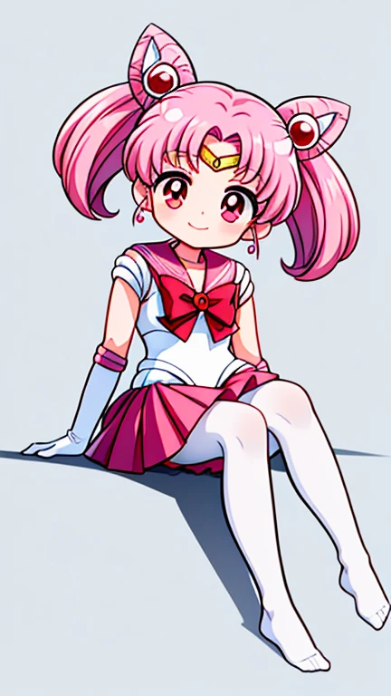 sailor moon,childhood,Young,Seven years old,Cute little loli,Pink hair twintails,short hair,red eyes,Sailor suit,bow tie,White elbow gloves,red skirt,no shoes,Smile,sitting,short legs,white pantyhose