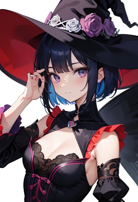 Witch's outfit, Anime-style portrait of a girl with a deep violet bob cut making eye contact with the camera, bright eyes, baby-faced, subtle smile, minimalistic background to emphasize character, high contrast, clean lines, digital painting, vivid colors