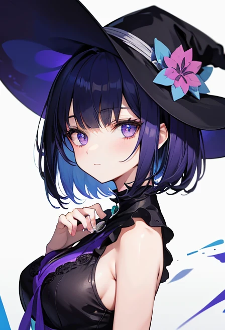 Witch's outfit, Anime-style portrait of a girl with a deep violet bob cut making eye contact with the camera, bright eyes, -facebtle smile, minimalistic background to emphasize character, high contrast, clean lines, digital painting, vivid colors