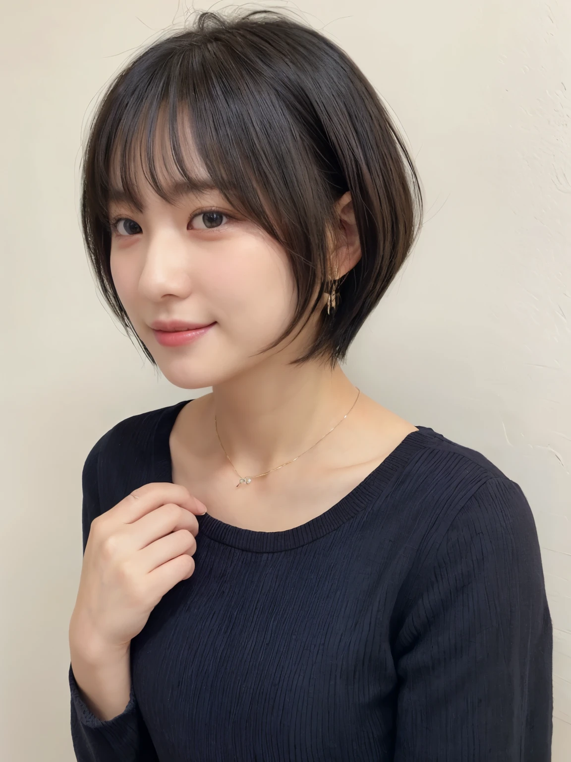 (highest quality、8K、32k、masterpiece、nffsw:1.2)、Photo of beautiful Japan woman in her 30s、very short hair、short hair、shortcut、Upper body、necklace、shot from above、don&#39;t look at the camera、(realistic、Photoreal:1.37)、1 girl、Photographed in natural light、Physically based rendering、excellent image quality、High resolution、1080p、(Detailed facial description)、(Detailed explanation of hands)、(Detailed CG)、Rich details、(exquisite features)、(best image quality)、(masterpiece)、(fine eyes)、delicate clavicle、Various poses、profile、white wall、Taken in front of the white door、(窓のあるwhite wallの部屋)、earrings、laughter、spring clothes、((Black long sleeve dress))、look down、face down