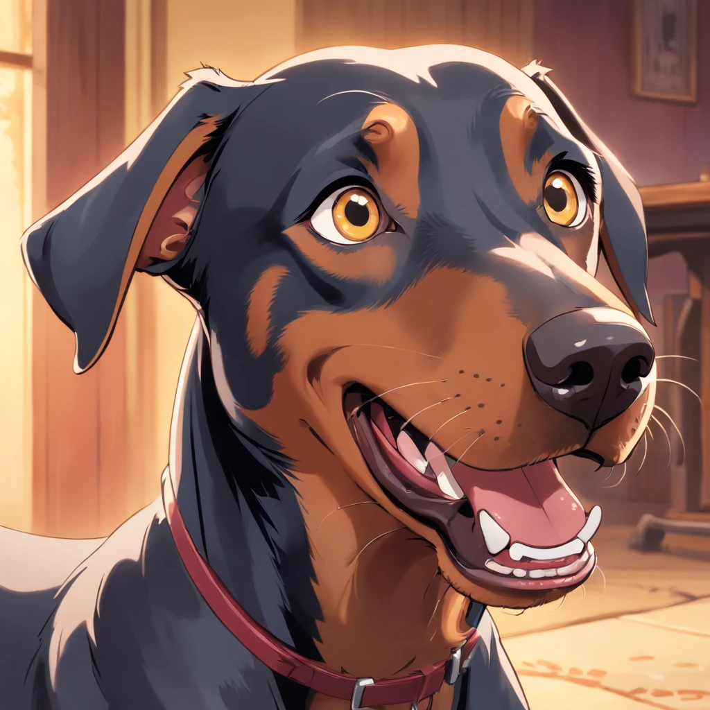 A female doberman seductive looking into the camera with a look of surprise and confusion, Looking with his head turned sideways, drooling