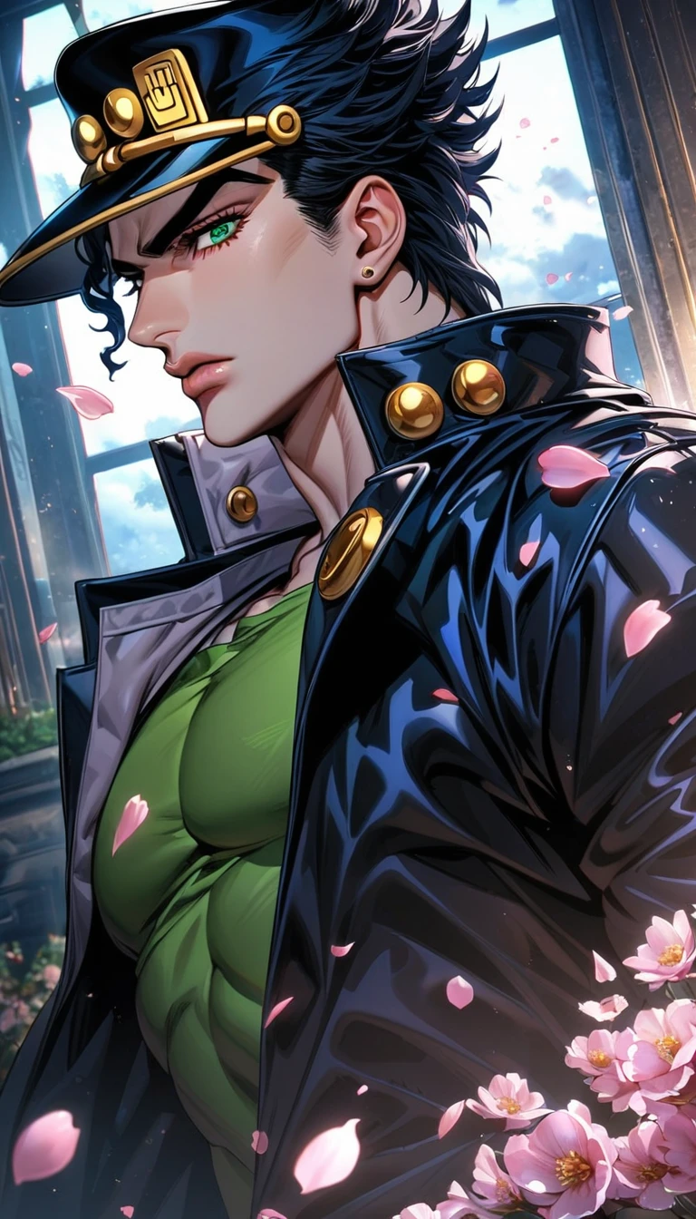 Ultra detailed, Highres, absurdres, HDR, Jotaro Kujoh, black hair, green eyes, black hat, black leather coat, JoJo Bizarre Adventure, 1 man only, moon, window, petals, handsome,