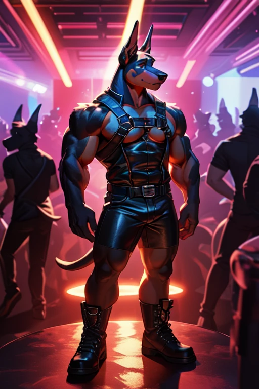 Furry, anthropomorphic Doberman Pinscher, 6'4 and 202 lbs, red eyes, 44" chest, 19" shoulders, 15" biceps, 34" waist, 24" thighs, 16" calves, 19" back, shirtless, wearing black leather chest harness, wearing black leather sleeveless vest, wearing black leather shorts, wearing black leather boots, nightclub scene, dimly lit room, neon red lighting 
