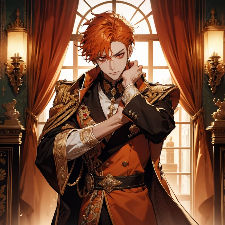 1Man, Half-Dragon, intimidation, red hair, golden eyes, sit on throne, anime