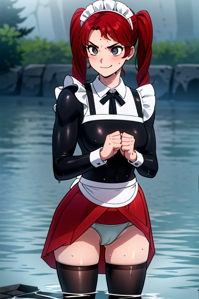 Twintail, red haired, 1girl, grey eyes, well toned, well built, muscled, toned muscles, masterpiece,high quality,solo,outdoors, angry, sanpaku,, maid,black dress,long sleeves, maid apron,long skirt, black pantyhose, (lifting skirt showing dipping wet panties:1.4), pesky smile