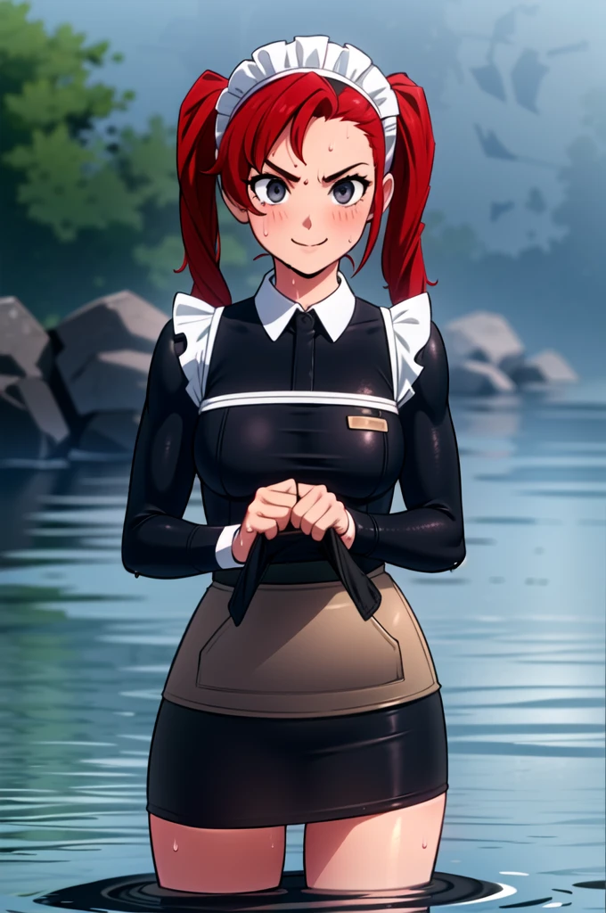 Twintail, red haired, 1girl, grey eyes, well toned, well built, muscled, toned muscles, masterpiece,high quality,solo,outdoors, angry, sanpaku,, maid,black dress,long sleeves, maid apron,long skirt, black pantyhose, (lifting skirt showing dipping wet panties:1.4), pesky smile