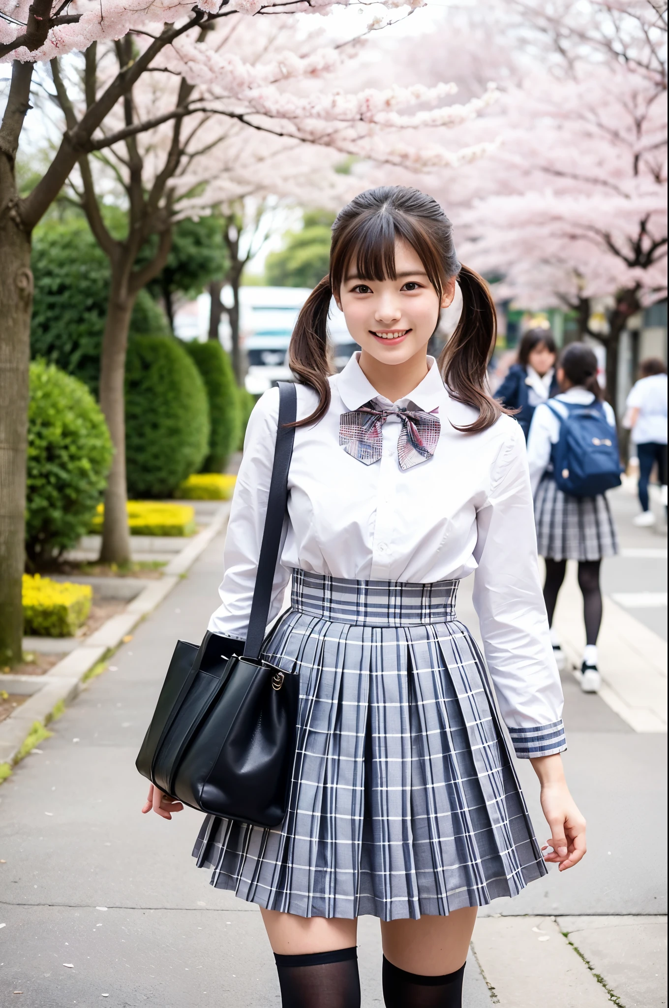 girls walking in cherry blossom street,white long-sleeved sailor dress with gray plaid pleated skirt,bow tie,white high socks,shool bag,18-year-old,bangs,a little smile,thighs,knees,low ponytail with barrette,from below,front light