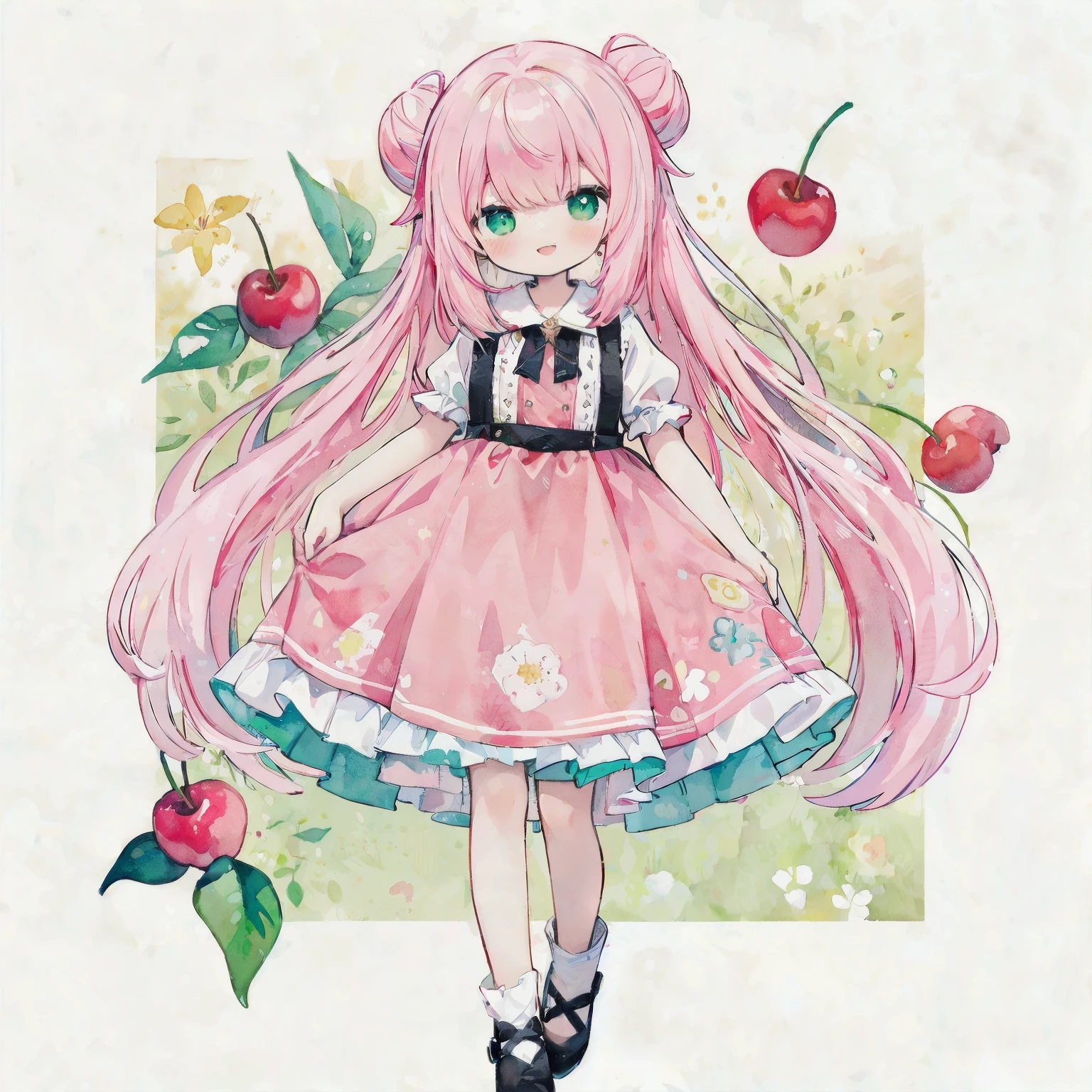 (PastelColors:1.5)、(Cute illustration:1.3)、(watercolor paiting:1.1)、Yellow-green background、girl with、A smile、Beautifully detailed、Moya、colourfull、marble、Particles of light、patterns、、( Transparent watercolor, Ultra Low saturation,Low clarity, High brightness, Blurry pale background, Flat Tone):1.8, absurderes, hight resolution, [It features a simple (White background:1.3)::0.2]
break
1 (Lori:0.8) Girl Wearing (Cherry motif dress:1.2), (Lots of edible cherry patterns on the background:1.3), Pink dress, (Red) hair, Twin bun hair, Pale green ruffles on dress, Red edible cherry, (Connected:1.1) Cherries, (Smile, Happy:1.2), (fullllbody:0.9), Tidy poses,
BREAK
(Solo:1.1), (Cute illustration:0.5),(fuwafuwa illustration:0.8), Standing