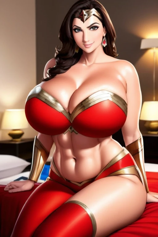 wonder woman, sitting on son bed, beautiful, navel, abs, royalty, anime, high definition, gigantic breasts, huge breasts, happy, smiling, gorgeous, photo realistic style, thick thighs, hot, sexy
