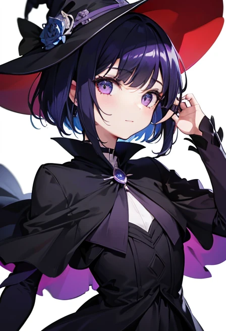 Witch's outfit, Anime-style portrait of a girl with a deep violet bob cut making eye contact with the camera, bright eyes, baby-faced, subtle smile, minimalistic background to emphasize character, high contrast, clean lines, digital painting, vivid colors