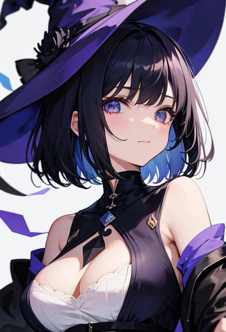 Witch's outfit, Anime-style portrait of a girl with a deep violet bob cut making eye contact with the camera, bright eyes, -facebtle smile, minimalistic background to emphasize character, high contrast, clean lines, digital painting, vivid colors