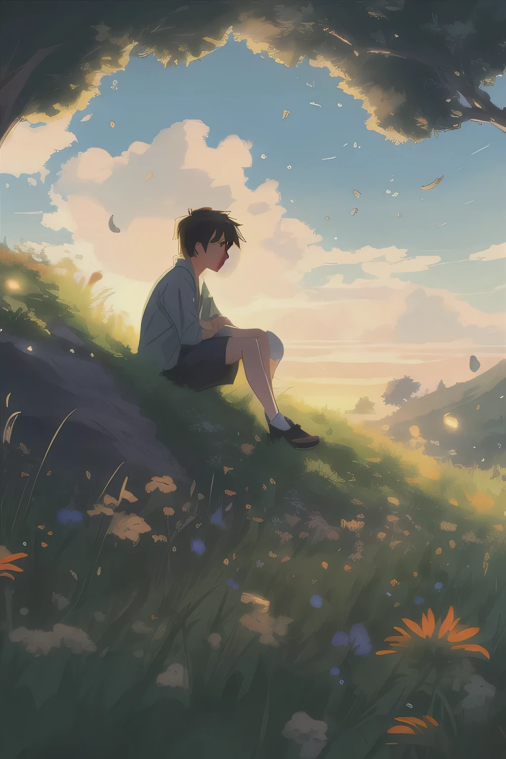 Animated boy sitting on a hill with flowers and trees, Makoto Shinkai cyril rolando, style of Makoto Shinkai, in style of Makoto Shinkai, studio glibly Makoto Shinkai, ( ( Makoto Shinkai ) ), Mokoto Shinkai, Makoto Shinkai art style, Makoto Shinkai!, 4k cartoon wallpaper