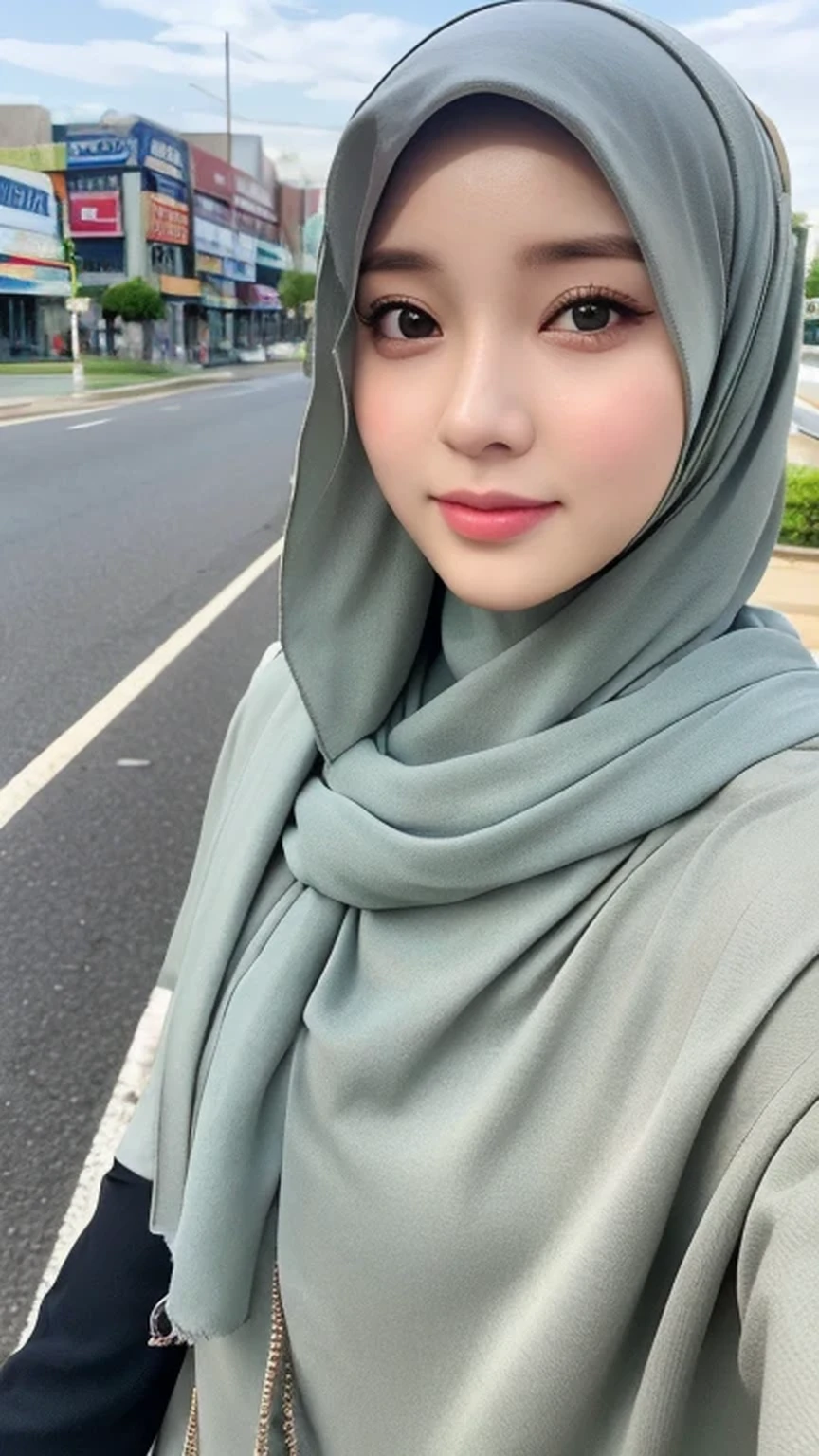 (lifelike, High resolution:1.3), 1 Girl with perfect body, very detailed face and eyes,hijab, indonesian:1.2, whole body, beautiful, city roads, cute face