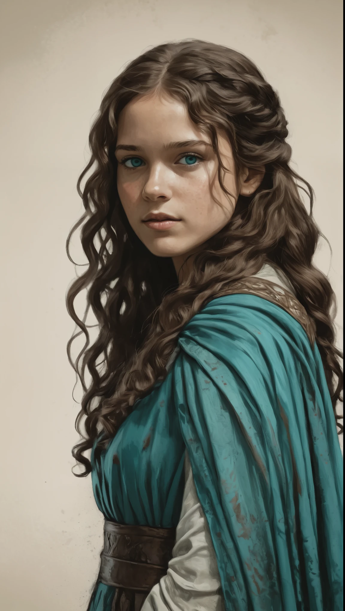 An illustrated movie poster, hand-drawn, full color, a Westerosi teenage girl, wearing a regal chiton, warm brown complexion, freckles, turquoise eyes, dark hair, long loose curls, waist-length hair, posing on a pedestal, hard shadows, graphite shading, stencil marks, airbrushed acrylic paint, masterpiece, in the style of Game of Thrones