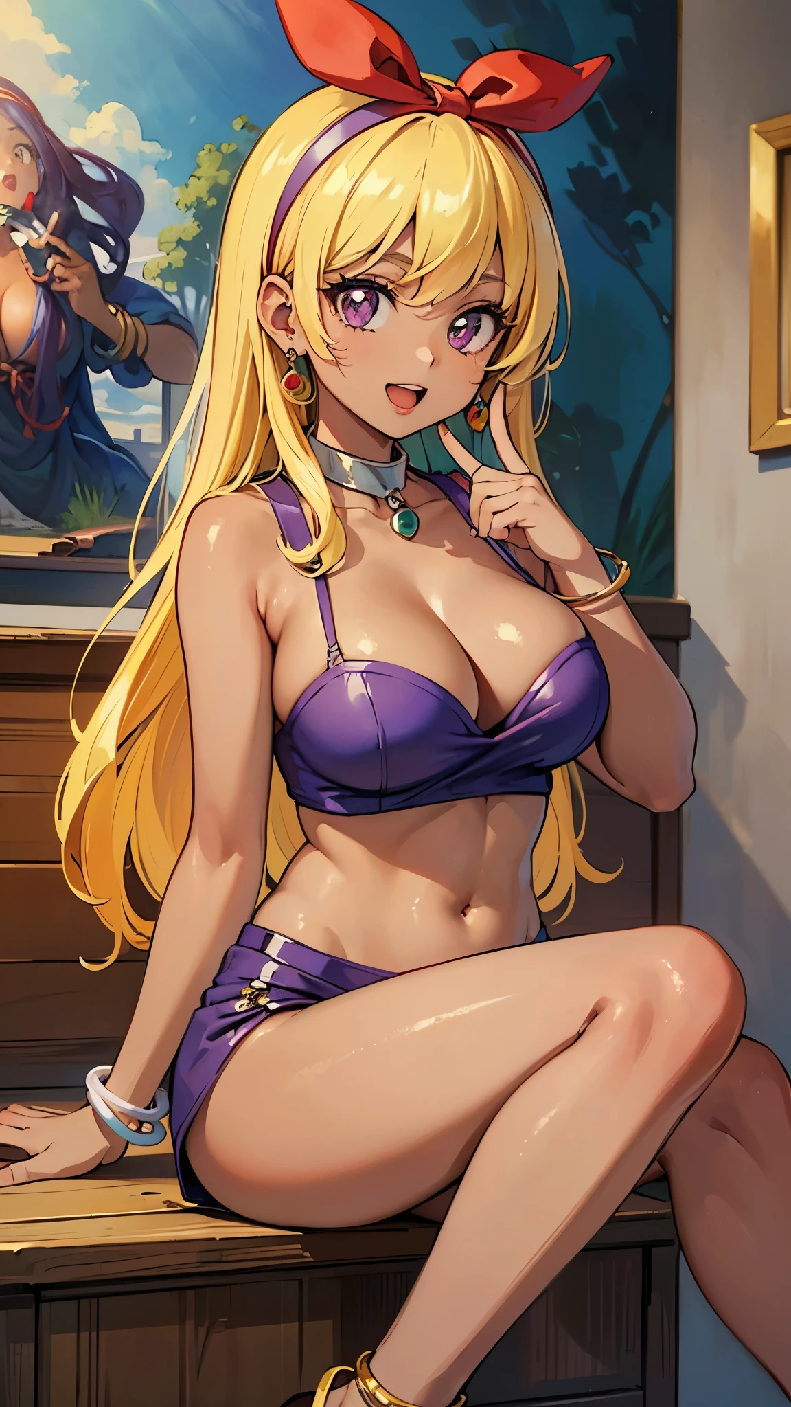 (red ribbon on hairband:1.2),(a sexy female character in a purple outfit and jewelry sits on a wall), 1girl, solo, jewelry, (manya (dq4)), (long hair), (Blonde hair), (dark-skinned female:1.3), (dark skin:1.3), bracelet, (purple eyes), (large breasts), (open mouth), (looking at viewer), (smile), earrings, navel, armlet, sitting, anklet, (masterpiece:2.0), (Create an image with vibrant and highly saturated colors, Increase the saturation and vibrancy of the skin tones), ((best quality)), (( ultra high res 8K)), ((resolution 8k)), ((wallpaper)), ((best light)), (((Illustration))), looking at viewer, (((retro art style))), (((perfect body))), (((perfect finger))), dunhuang, dunhuang_face