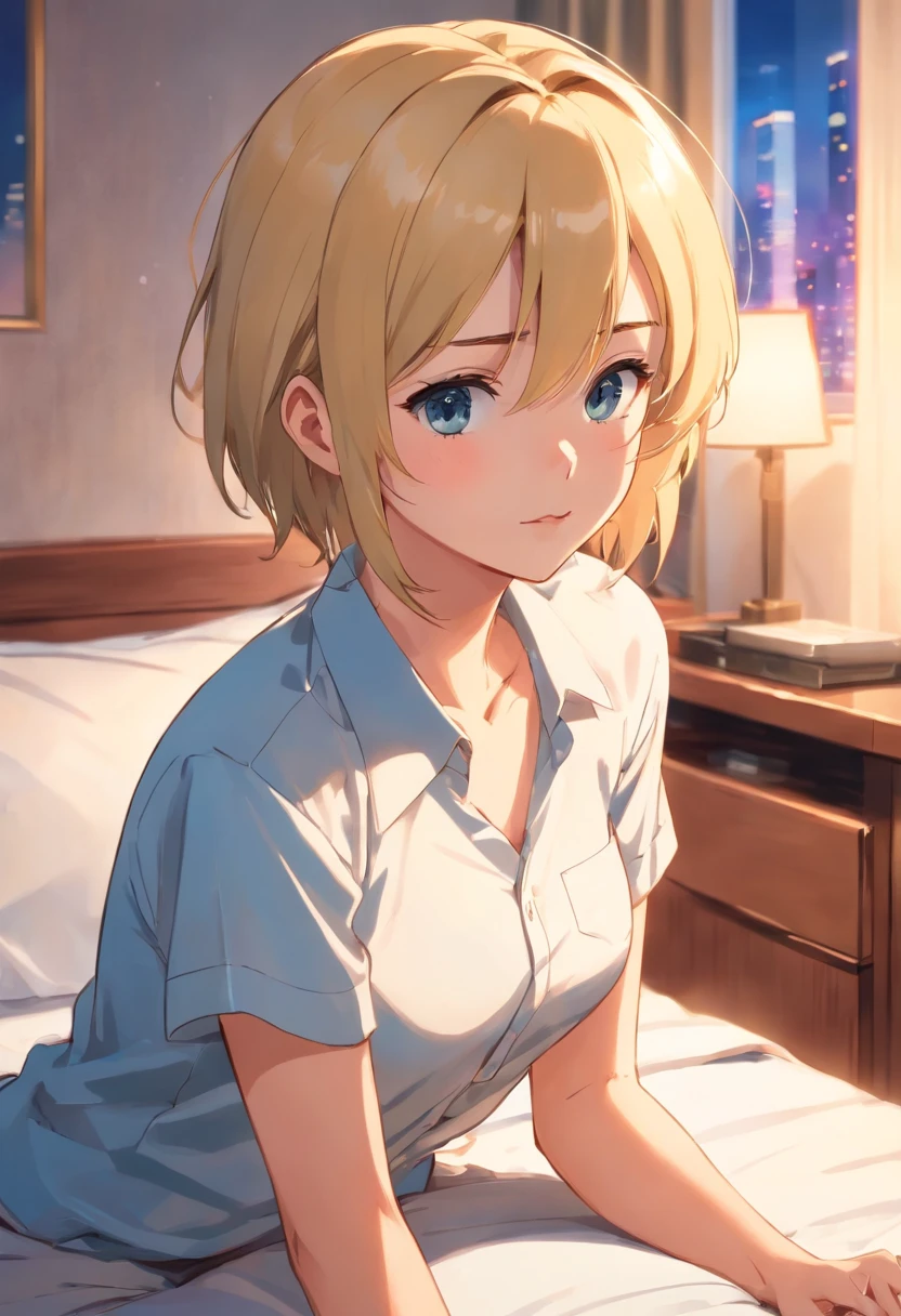 Blonde woman 17 years old, pelo corto, ojos azules, de pie ((cuerpo completo)) viste solo con camisa de hombre a contraluz, in hotel room, 