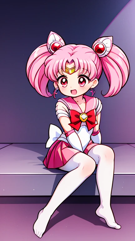 sailor moon,childhood,Young,Seven years old,Cute little loli,Pink hair twintails,short hair,red eyes,Sailor suit,bow tie,White elbow gloves,red skirt,no shoes,Open your mouth,laughing out loud,sitting,short legs,white pantyhose