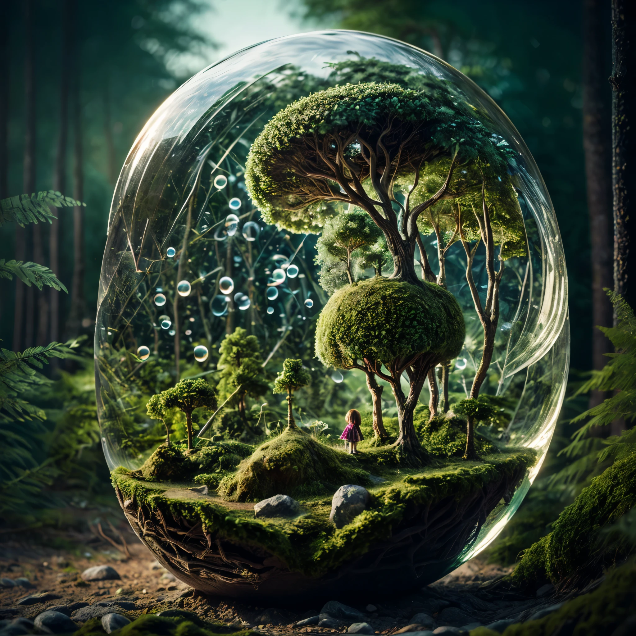 (An intricate mini-forest-landscape of a minigirl trapped in a bubble), atmospheric oliva lighting, (a minigirl trapped in a bottle), 4k UHD, dark vibes, hyper detailed, vibrant colours forest background, epic composition, octane render, sharp focus, high resolution isometric, bubblerealm photorealistic documentary shot