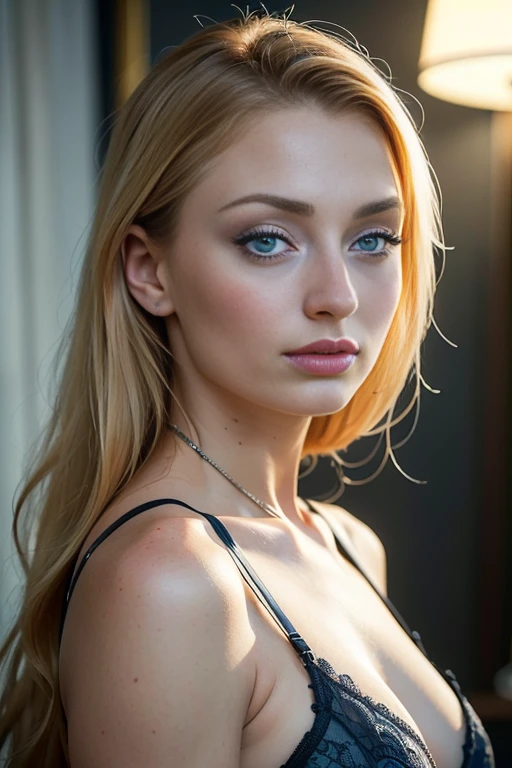 (best quality, 4k, 8k, high resolution, masterpiece: 1.2), ultra-detailed, (realistic, photorealistic, photorealistic: 1.37), frontal image of woman, Sophie Turner, lingerie, detailed blue eyes, look towards the viewer