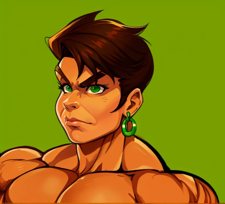 muscle woman with brunette hair wearing green bikini flexing massive muscles, most muscular pose, woman with huge muscles, mature woman, stern expression, green eyes, angry expression