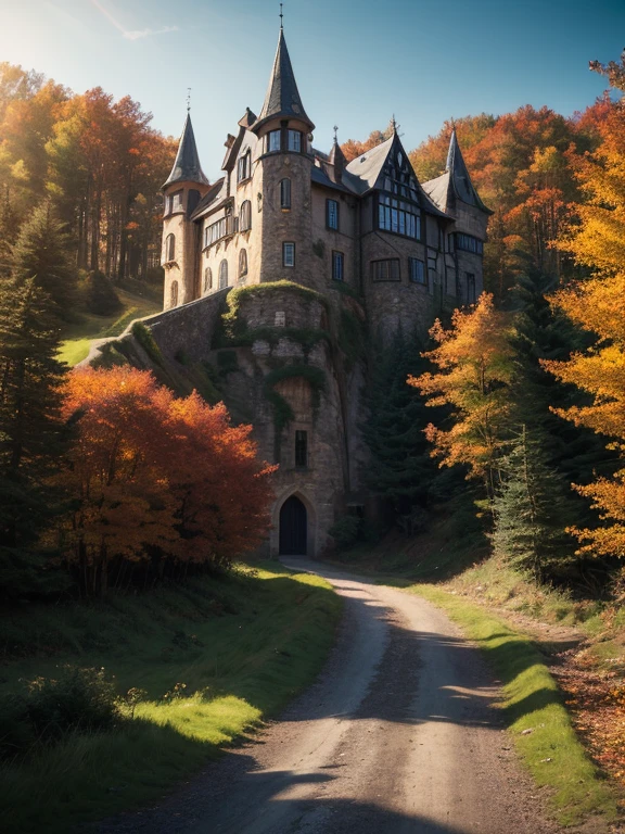 medieval village in a forest, several medieval buildings in a forest, deep dark forest, autumn forest, many houses, no sky, within the forest, golden light in medieval windows of the houses, mysterious forest, stone buildings, dark deep wild forest, first person view, castle ahead of the stone street, knights patrouling, knight in armor