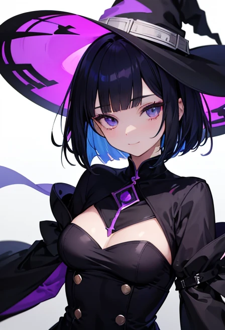 Witch's outfit, Anime-style portrait of a girl with a deep violet bob cut making eye contact with the camera, bright eyes, baby-faced, subtle smile, minimalistic background to emphasize character, high contrast, clean lines, digital painting, vivid colors