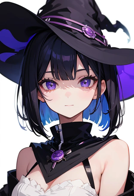 Witch's outfit, Anime-style portrait of a girl with a deep violet bob cut making eye contact with the camera, bright eyes, baby-faced, subtle smile, minimalistic background to emphasize character, high contrast, clean lines, digital painting, vivid colors
